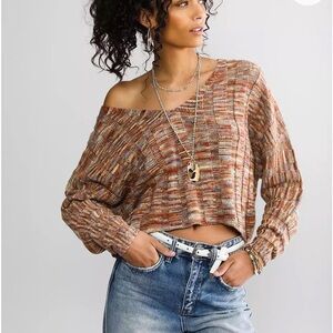 Gilded Intent Brown Multi-Colored V-Neck Cropped Sweater